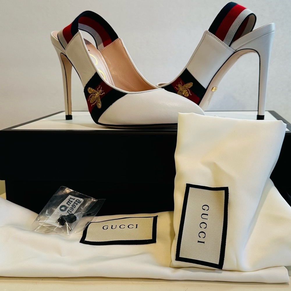 Gucci Sylvie Leather Slingback Pumps with Bee in White 36.5
